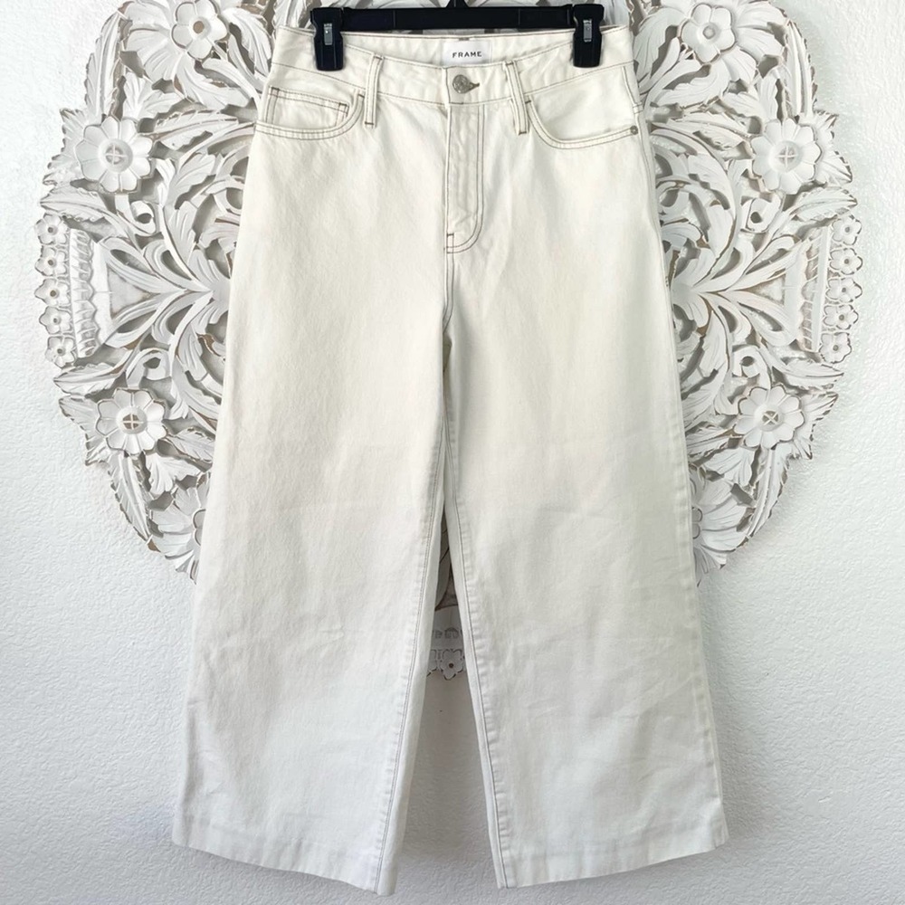 {Frame} High Rise Wide Crop 100% Cotton Jeans, Ecru, Size 25